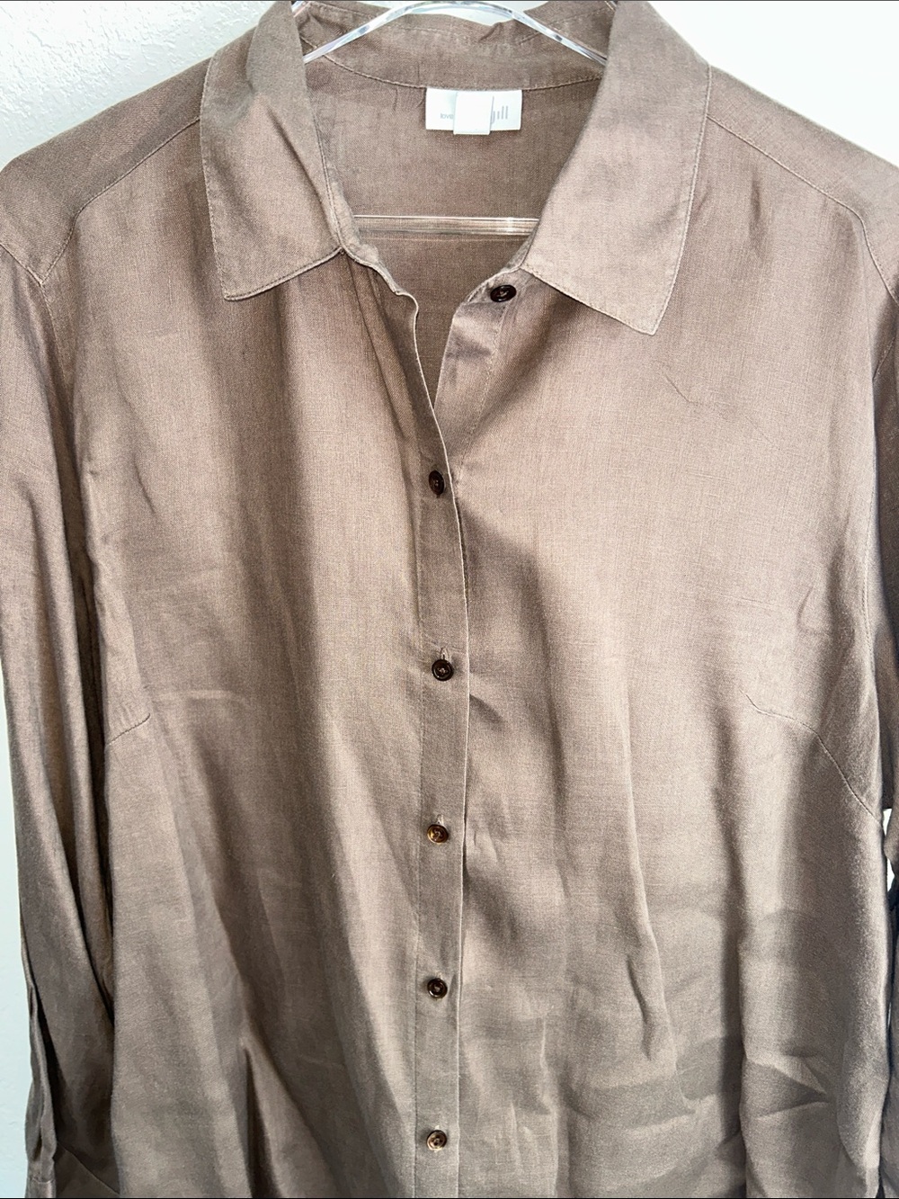 J. Jill Lightweight Linen Dark Taupe Long-Sleeve Button-Down Shirt Plus 1X EUC